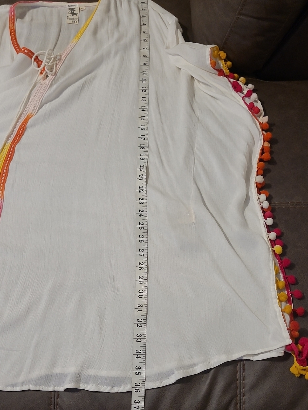 Violet Sky White Kaftan Kimono Beach Swimsuit Cover-up Colorful PomPoms XL - Picture 12 of 12